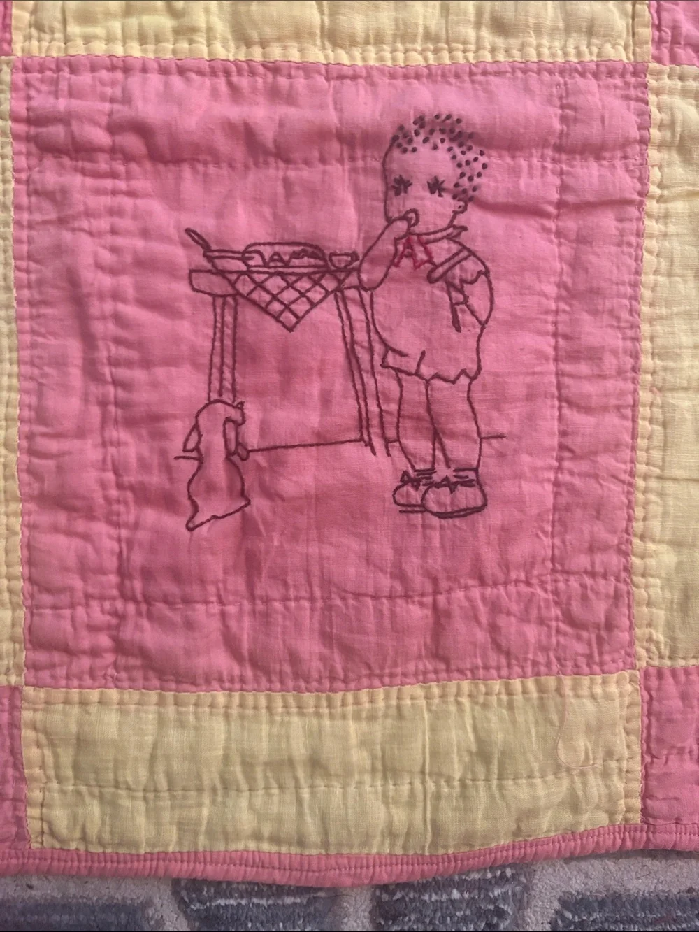 Vintage Pink and Yellow Patchwork Baby Quilt with Embroidered Design